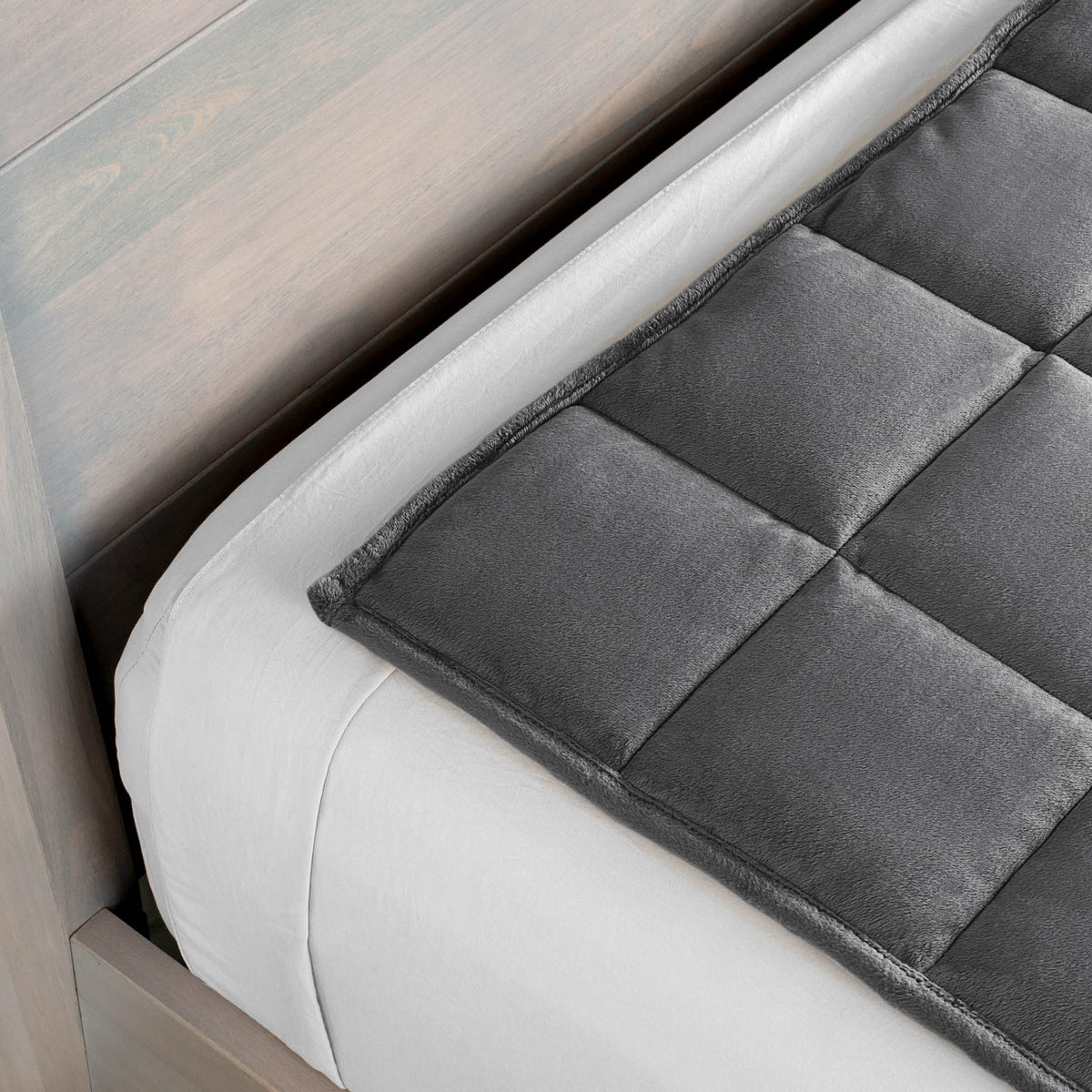 Close-up of a weighted blanket on a bed