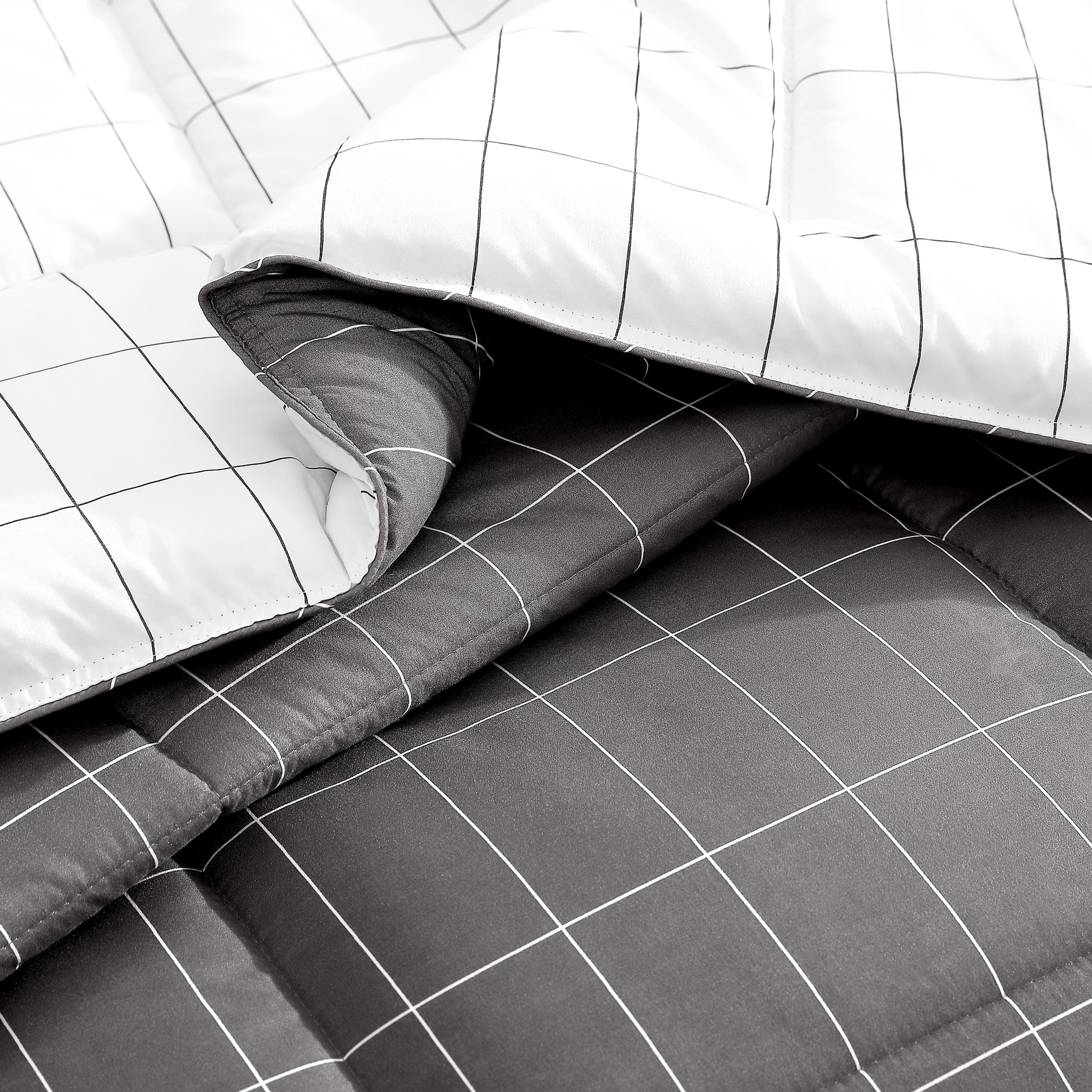Gray checkered comforter close up