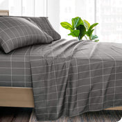 Printed flat sheet on a bed