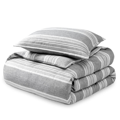 Printed heathered duvet cover set folded and stacked
