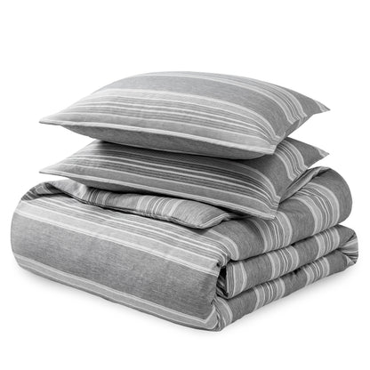 Printed heathered duvet cover set folded and stacked