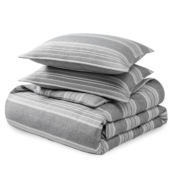 Printed heathered duvet cover set folded and stacked