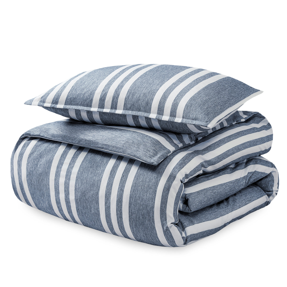 Printed heathered duvet cover set folded and stacked