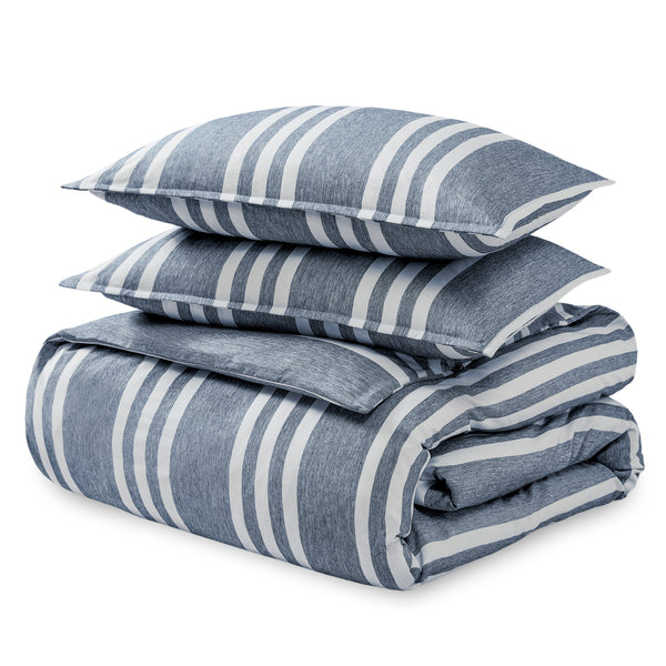 Printed heathered duvet cover set folded and stacked