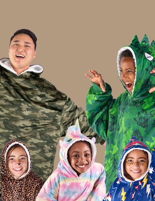 Kids and Adults in wearable blankets