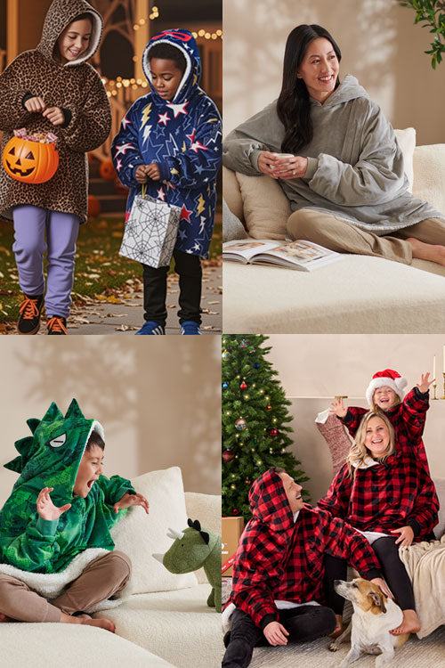 Collage of people wearing various hoodies in different settings