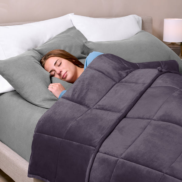 Woman sleeping with a eggplant minky weighted blanket
