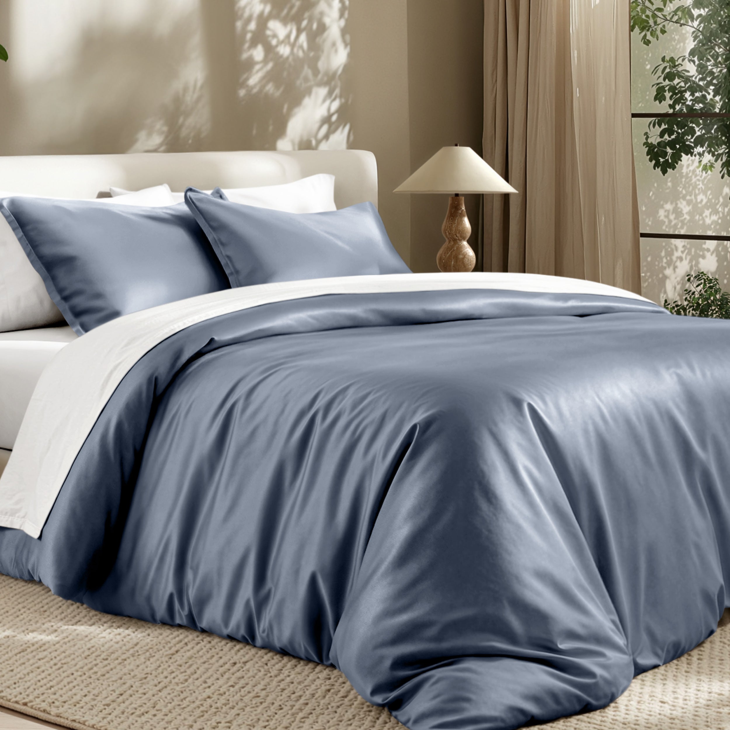 Bedding set on a bed in a bedroom with a lamp and window.