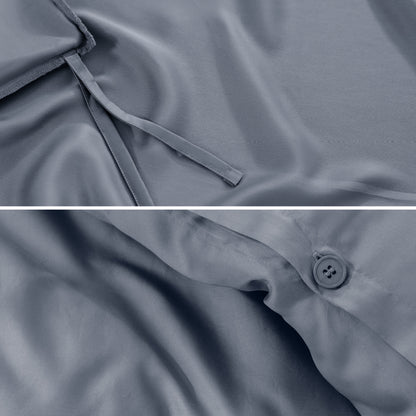 Close-up of duvet ties and button.