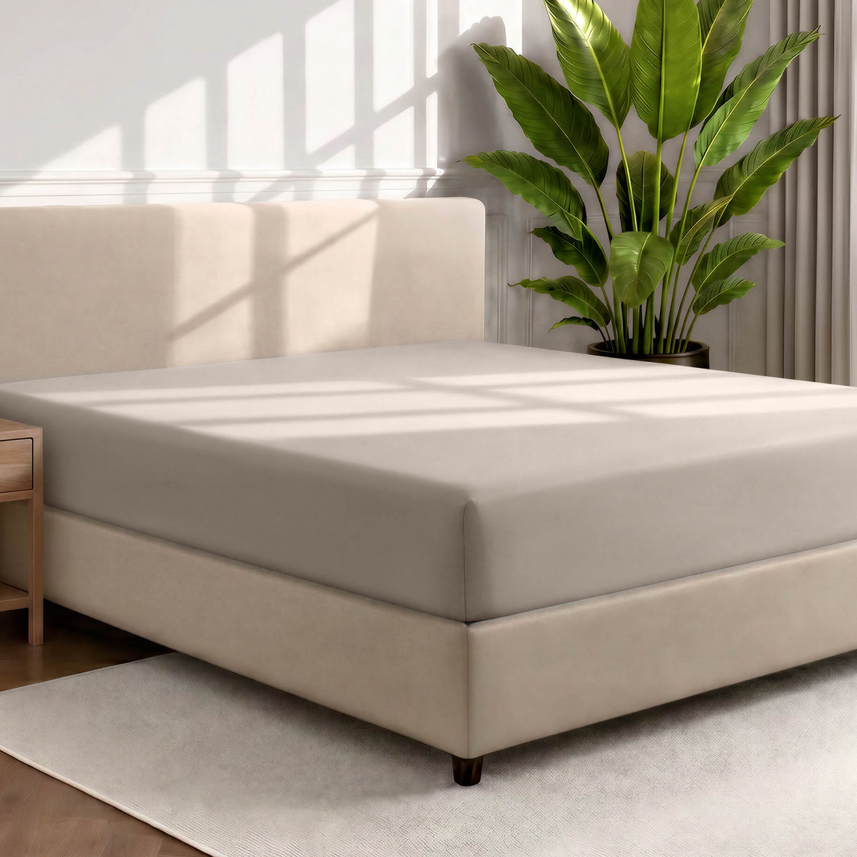 Bed with a fitted sheet in a room with a large plant and rug