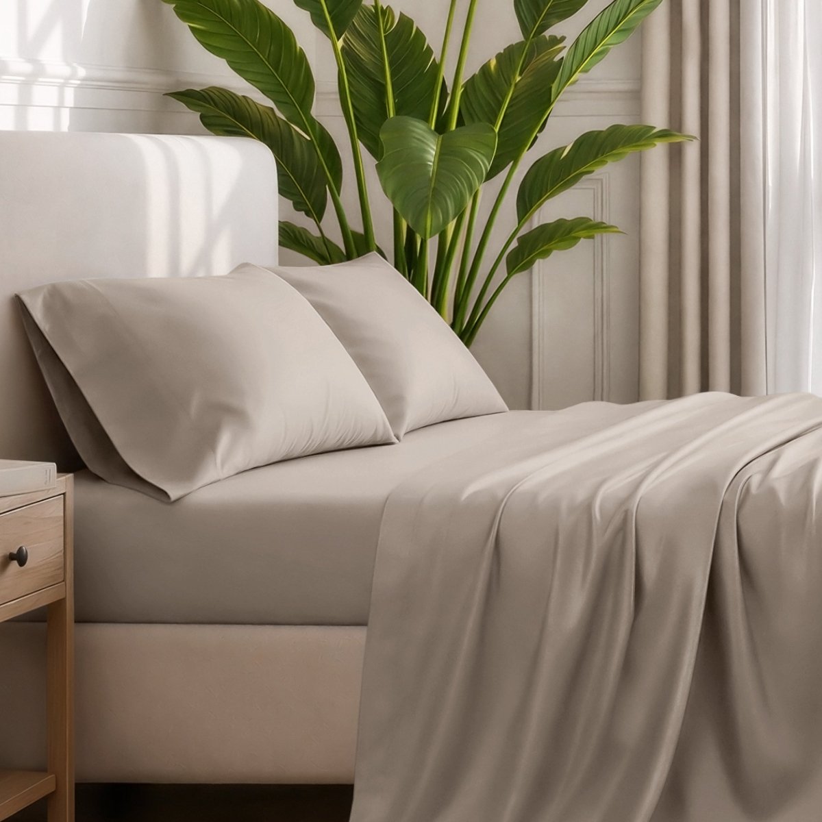Ultra-soft sheets and pillowcases on a bed with a plant in the background