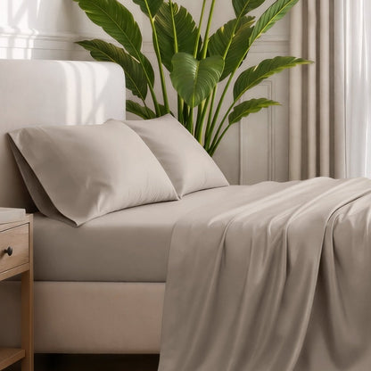 Ultra-soft sheets and pillowcases on a bed with a plant in the background