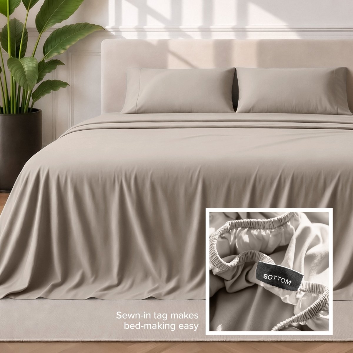 Sewn-in tag makes bed-making easy