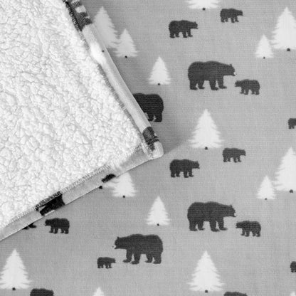 Close-up of both sides of a printed sherpa blanket