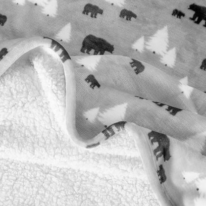 Close-up of both sides of a printed sherpa blanket