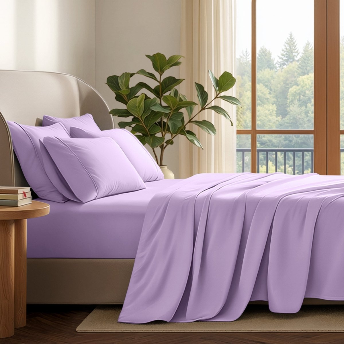A neatly made bed with in a softly lit bedroom. A large green plant stands beside the bed, and a window with curtains is visible in the background.