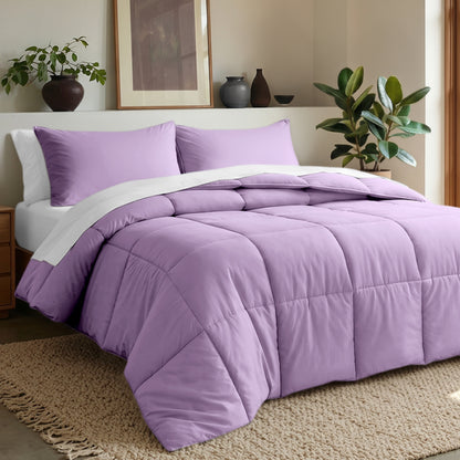 Comforter set on a bed in a bedroom with plants and decor.
