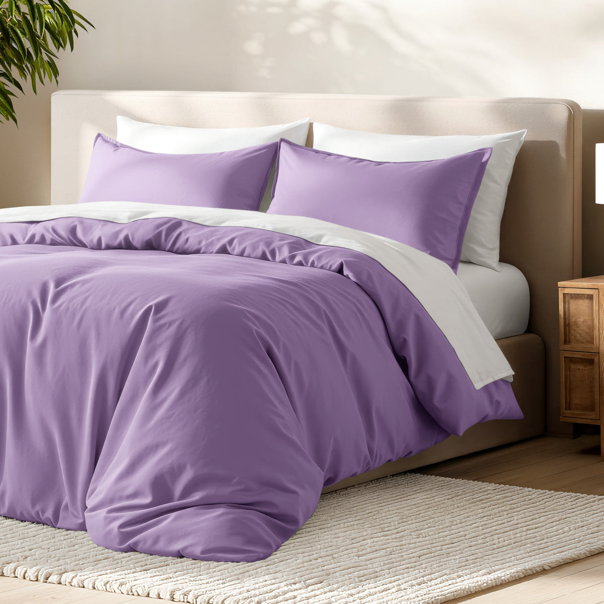 Bed with microfiber duvet cover and sham set in a bedroom setting.