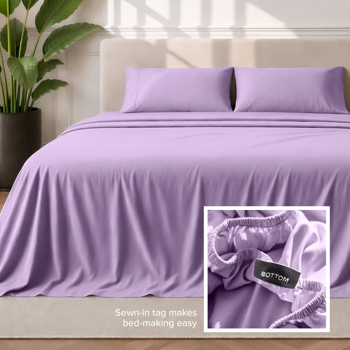 Sewn-in tag makes bed-making easy