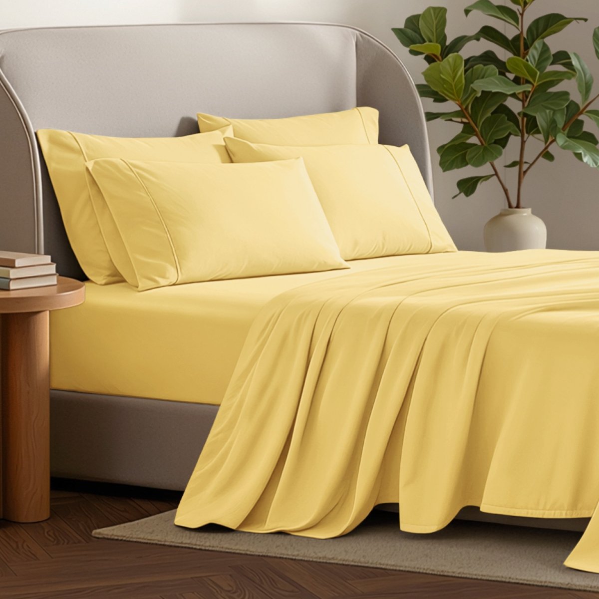 Bed sheets and pillows on a bed with a plant and side table in the background.