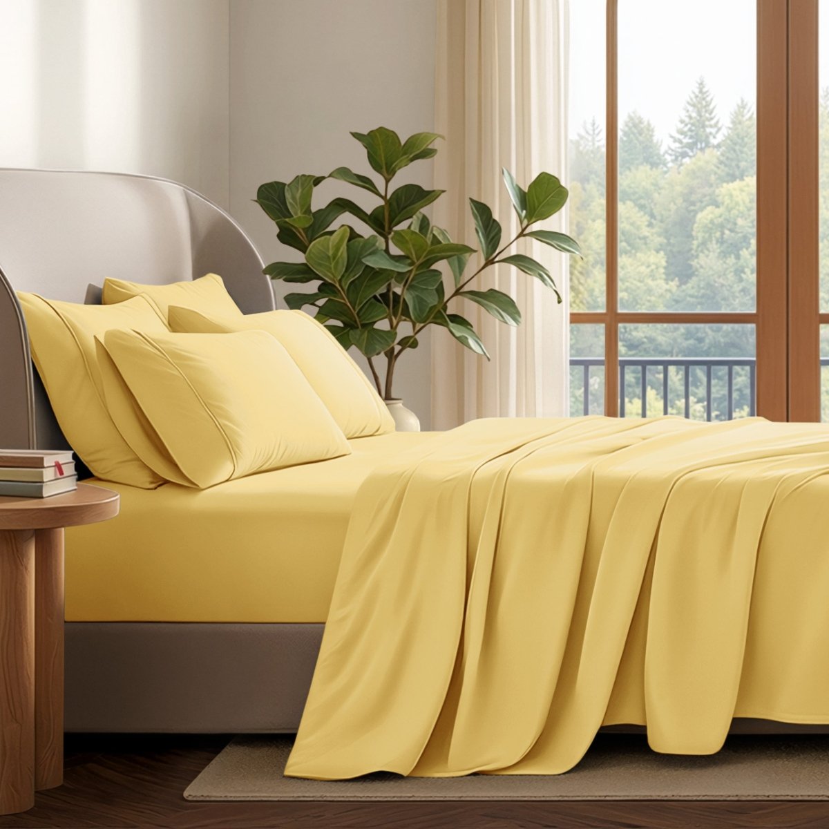 A neatly made bed with in a softly lit bedroom. A large green plant stands beside the bed, and a window with curtains is visible in the background.
