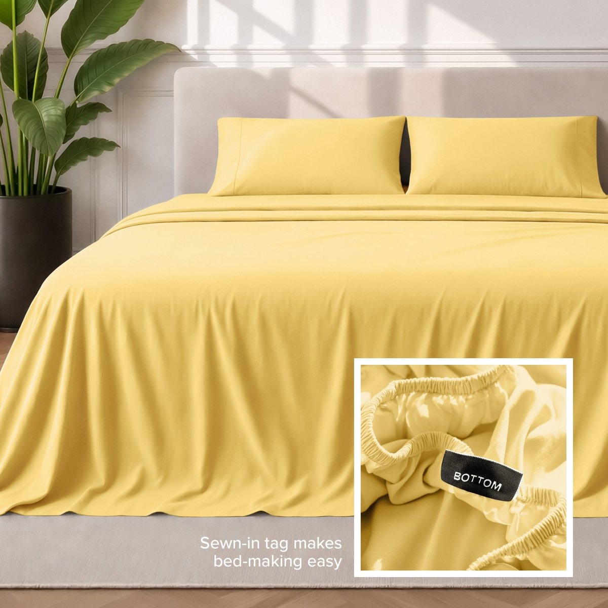 Sewn-in tag makes bed-making easy