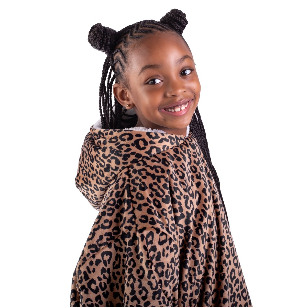 A child with a sherpa wearable blanket on