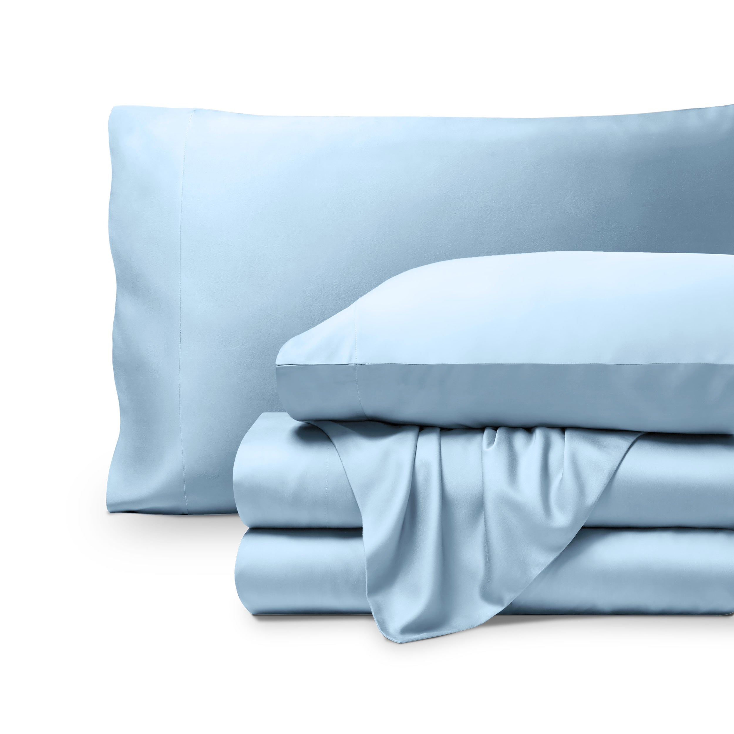 Bamboo pillowcases and sheets set on a white background