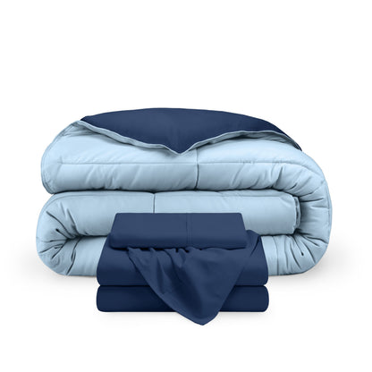 A reversible microfiber comforter and a coordinating sheet set folded and stacked