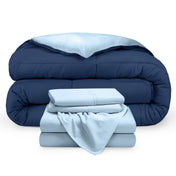 A reversible microfiber comforter and a coordinating sheet set folded and stacked