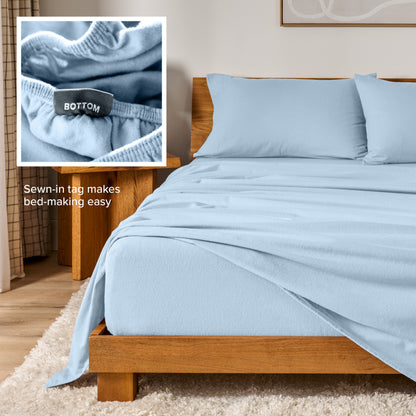 Flannel sheets on a with an inset of a sewn-in tag reading BOTTOM