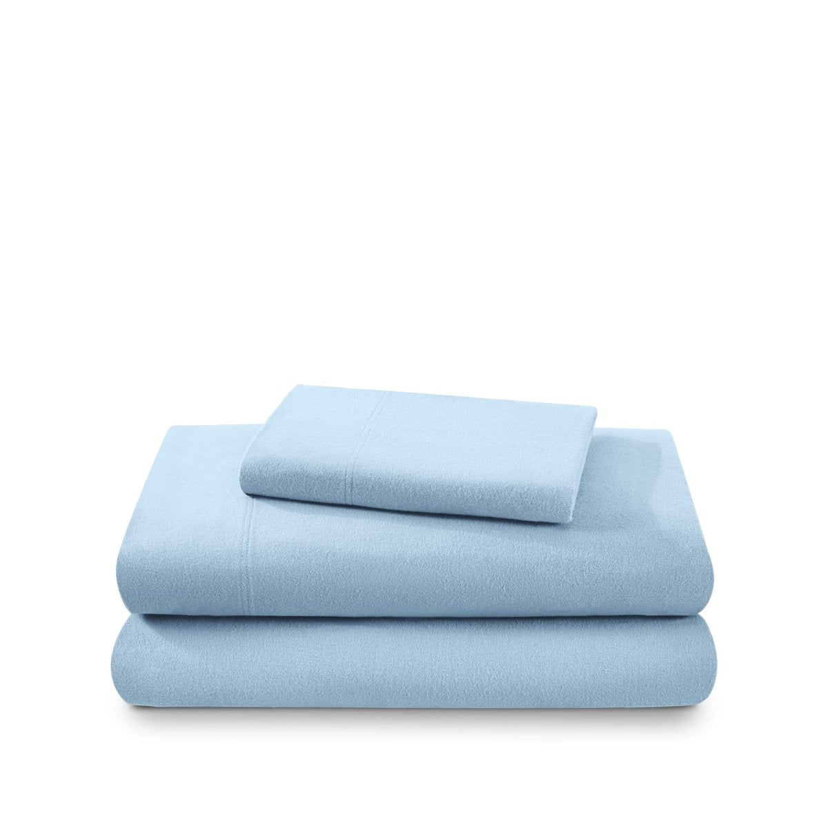 Cotton flannel sheet set folded and stacked on a white background