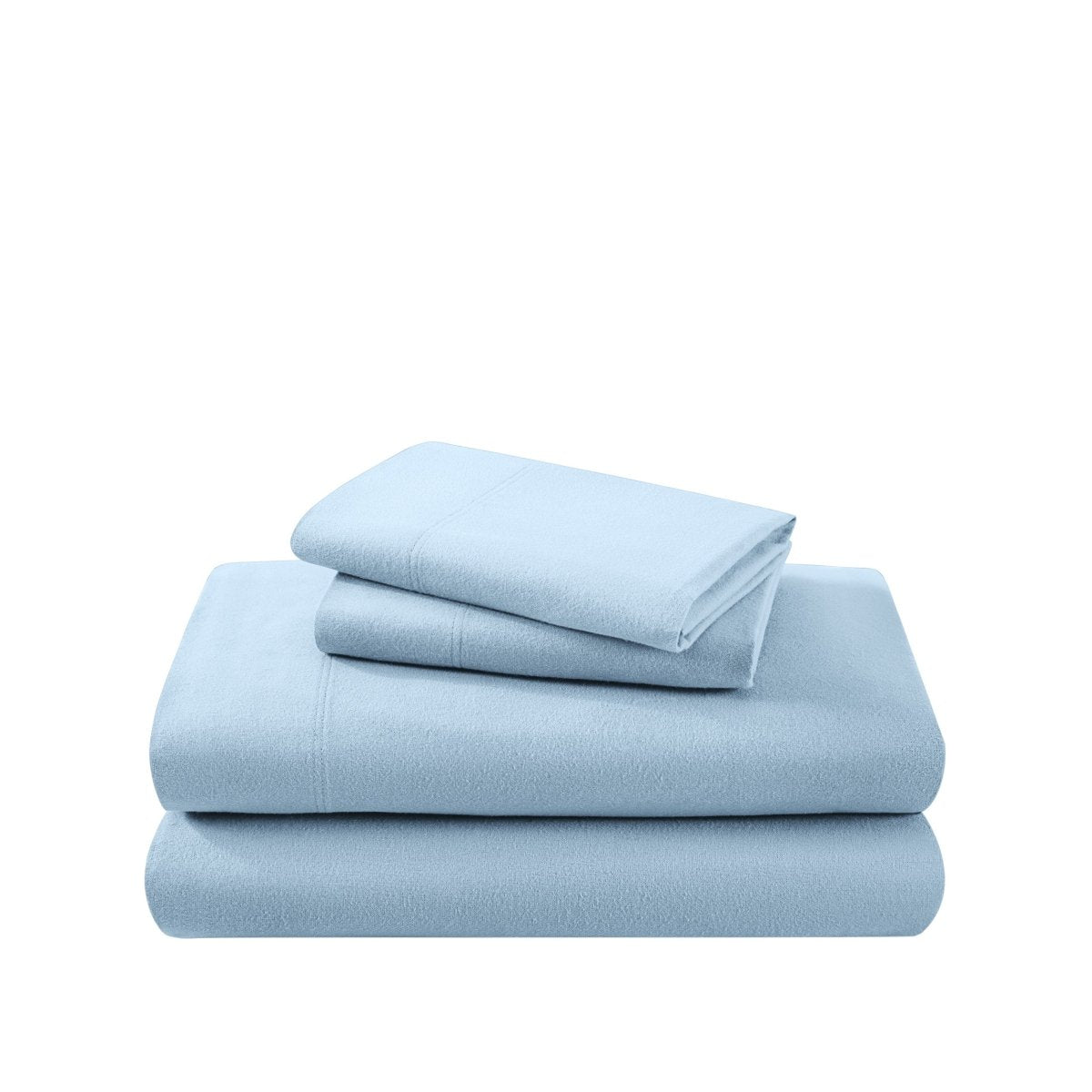 Cotton flannel sheet set folded and stacked on a white background