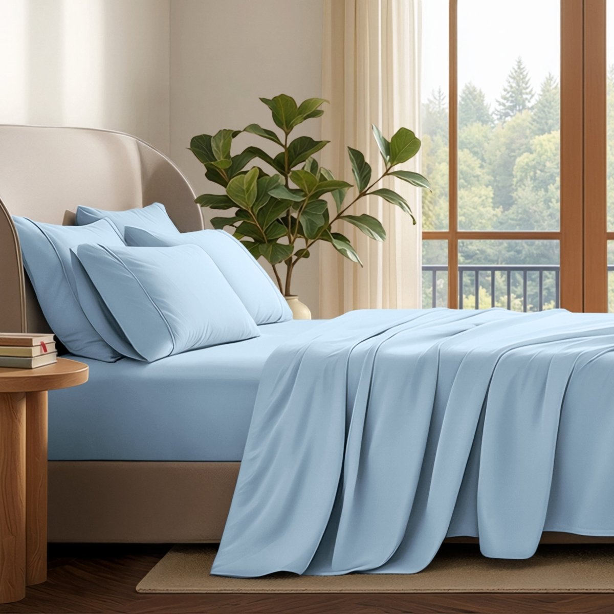 A neatly made bed with in a softly lit bedroom. A large green plant stands beside the bed, and a window with curtains is visible in the background.