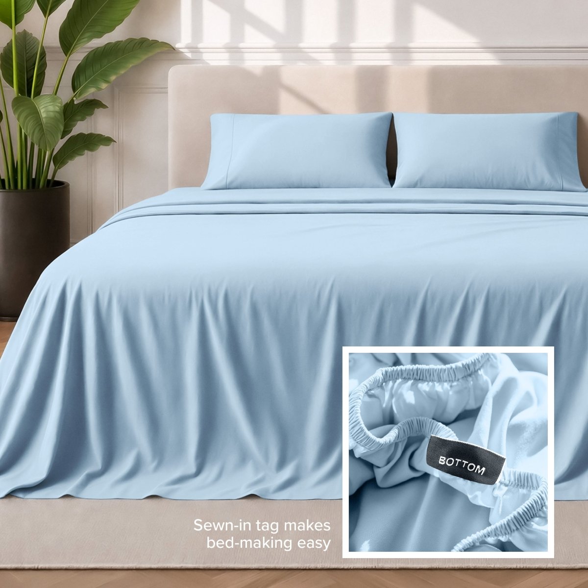 Sewn-in tag makes bed-making easy