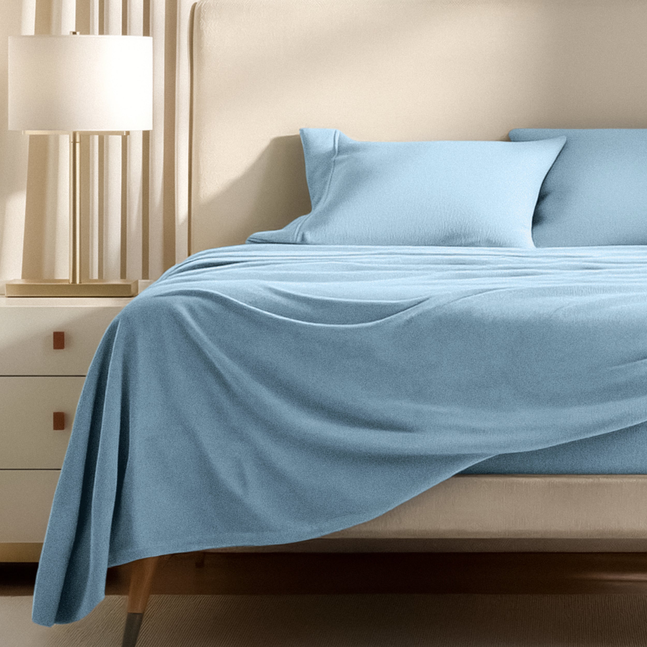 Polar fleece sheets on a bed