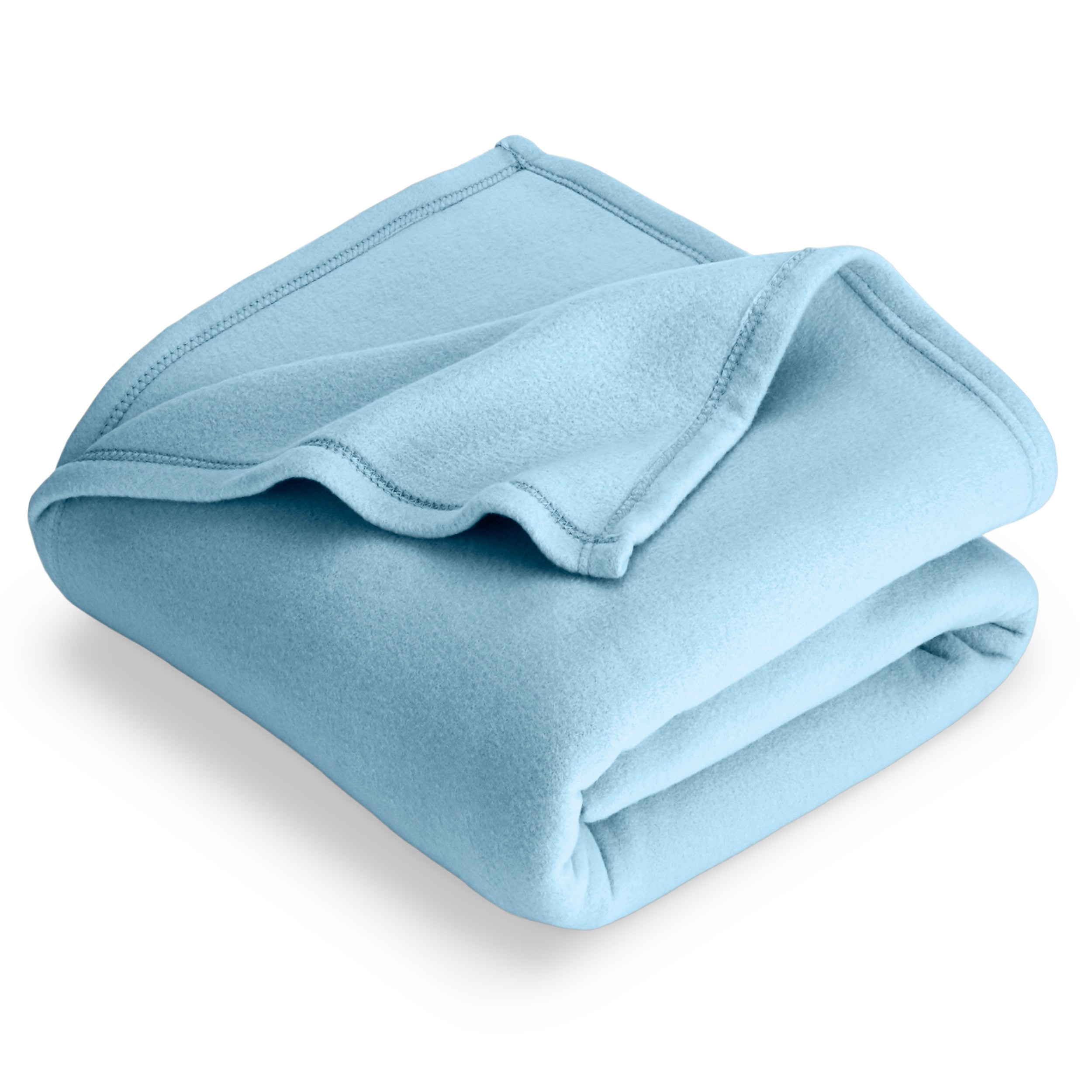 Light blue polar fleece blanket folded with 1 corner folded back