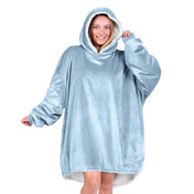 An adult with a sherpa wearable blanket on