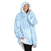 An adult with a hooded wearable blanket on