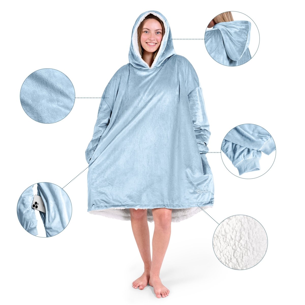 Close up of the features on a wearable blanket