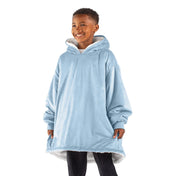 A child with a sherpa wearable blanket on