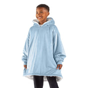 A child with a sherpa wearable blanket on