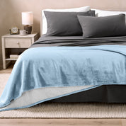 Bed with grey sheets and a sherpa blanket