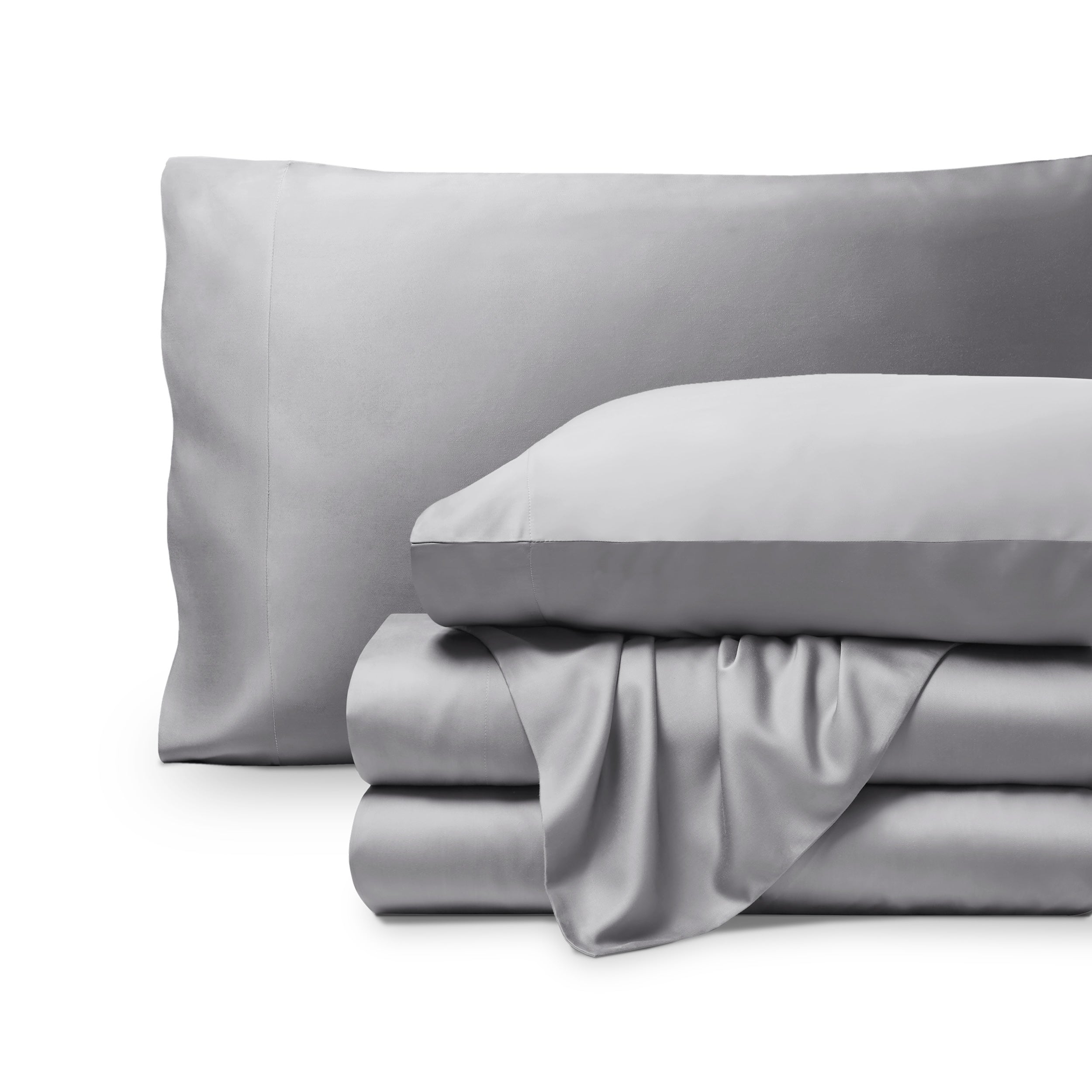 Bamboo pillowcases and sheets set on a white background