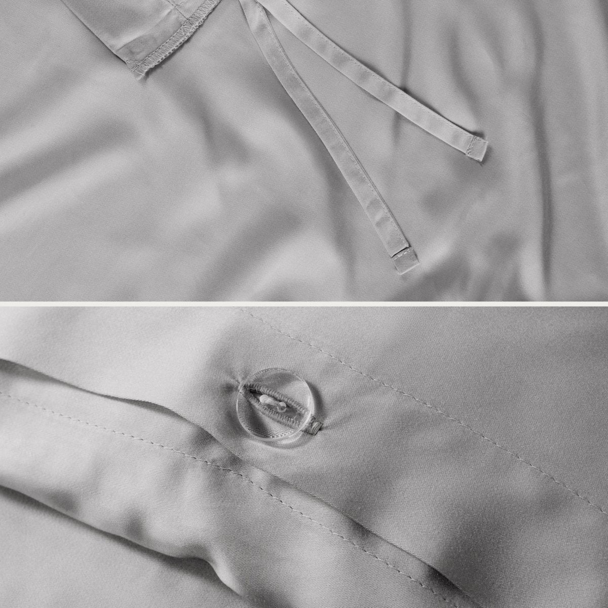 Close-up of the corner ties and button closure on a duvet cover