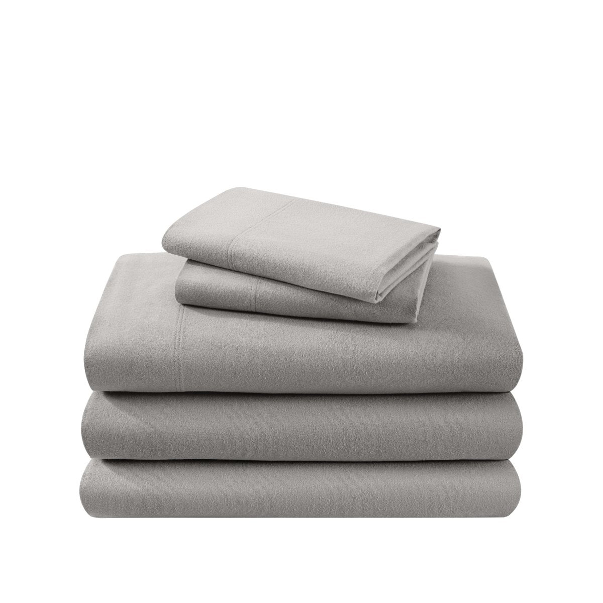 Cotton flannel sheet set folded and stacked on a white background
