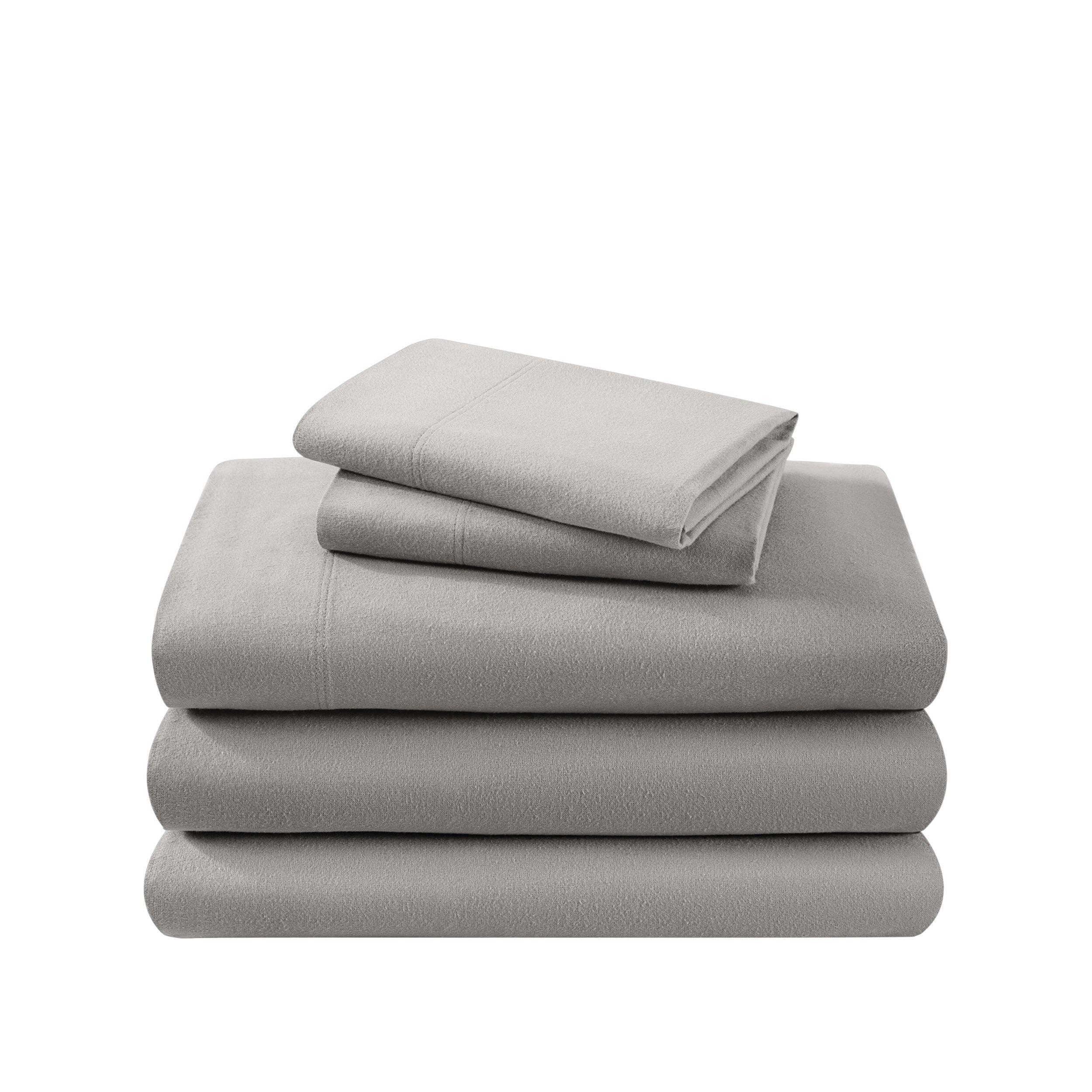 Cotton flannel sheet set folded and stacked on a white background