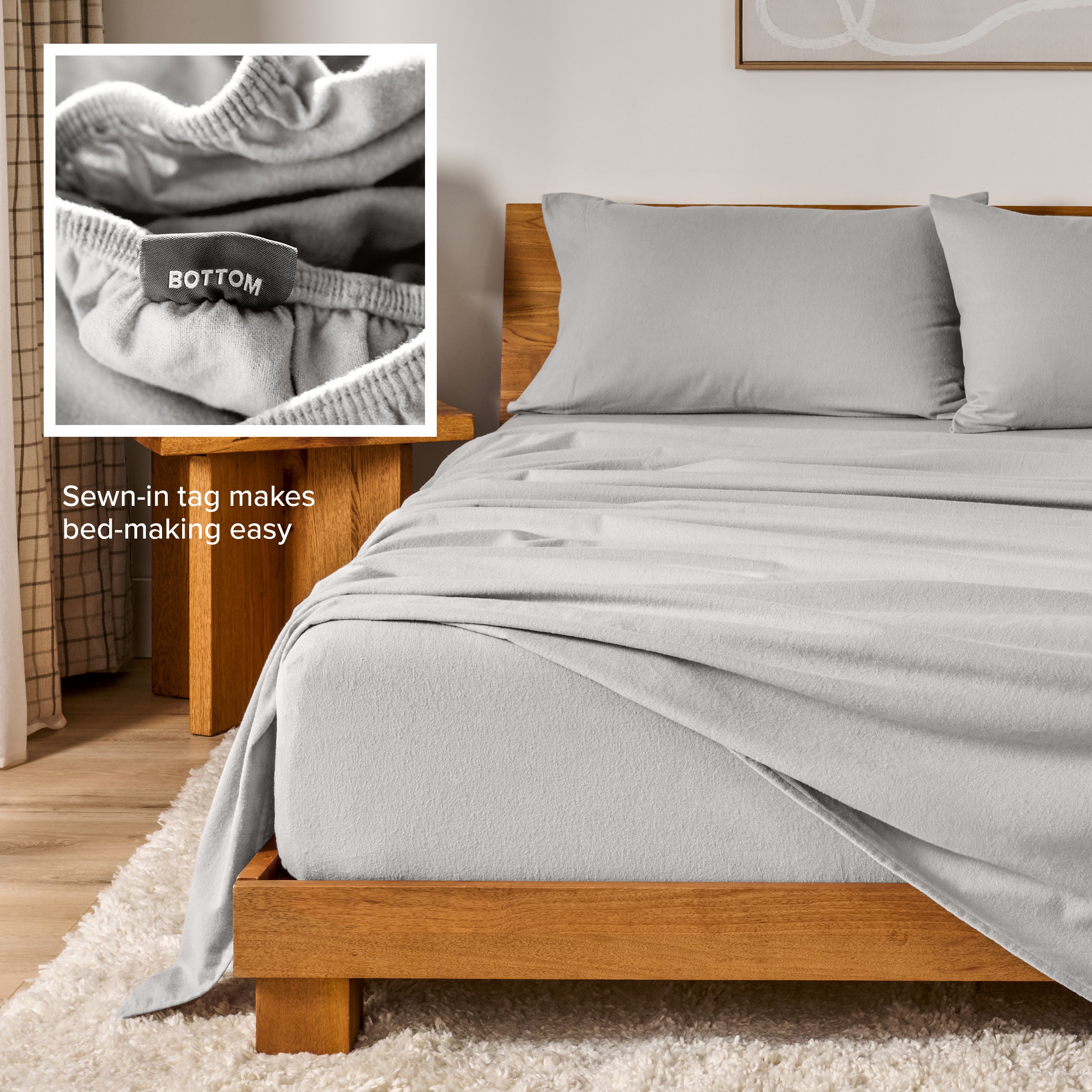 Flannel sheets on a with an inset of a sewn-in tag reading BOTTOM