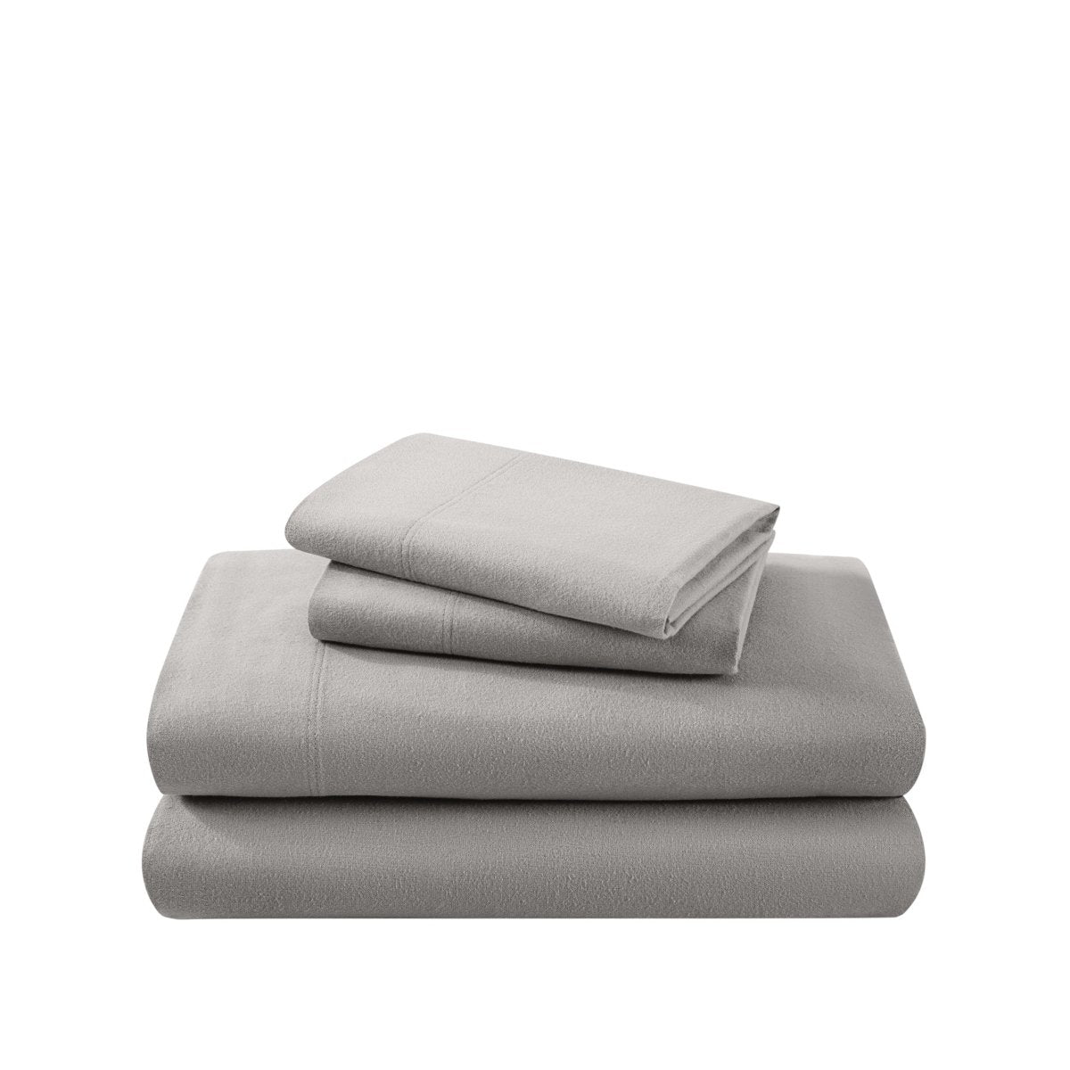 Cotton flannel sheet set folded and stacked on a white background