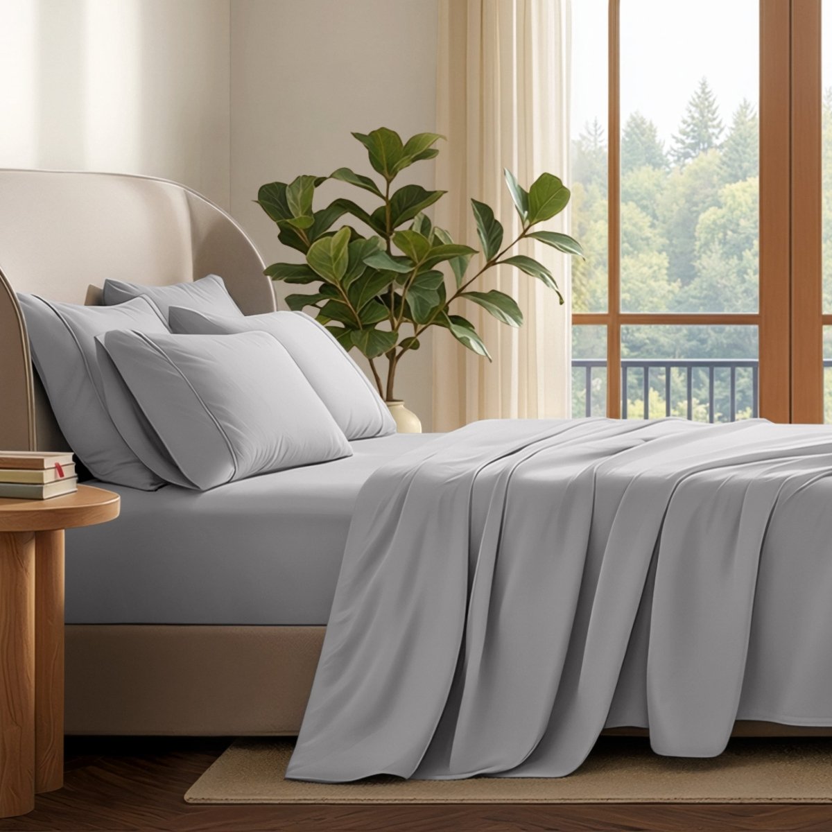 A neatly made bed with in a softly lit bedroom. A large green plant stands beside the bed, and a window with curtains is visible in the background.